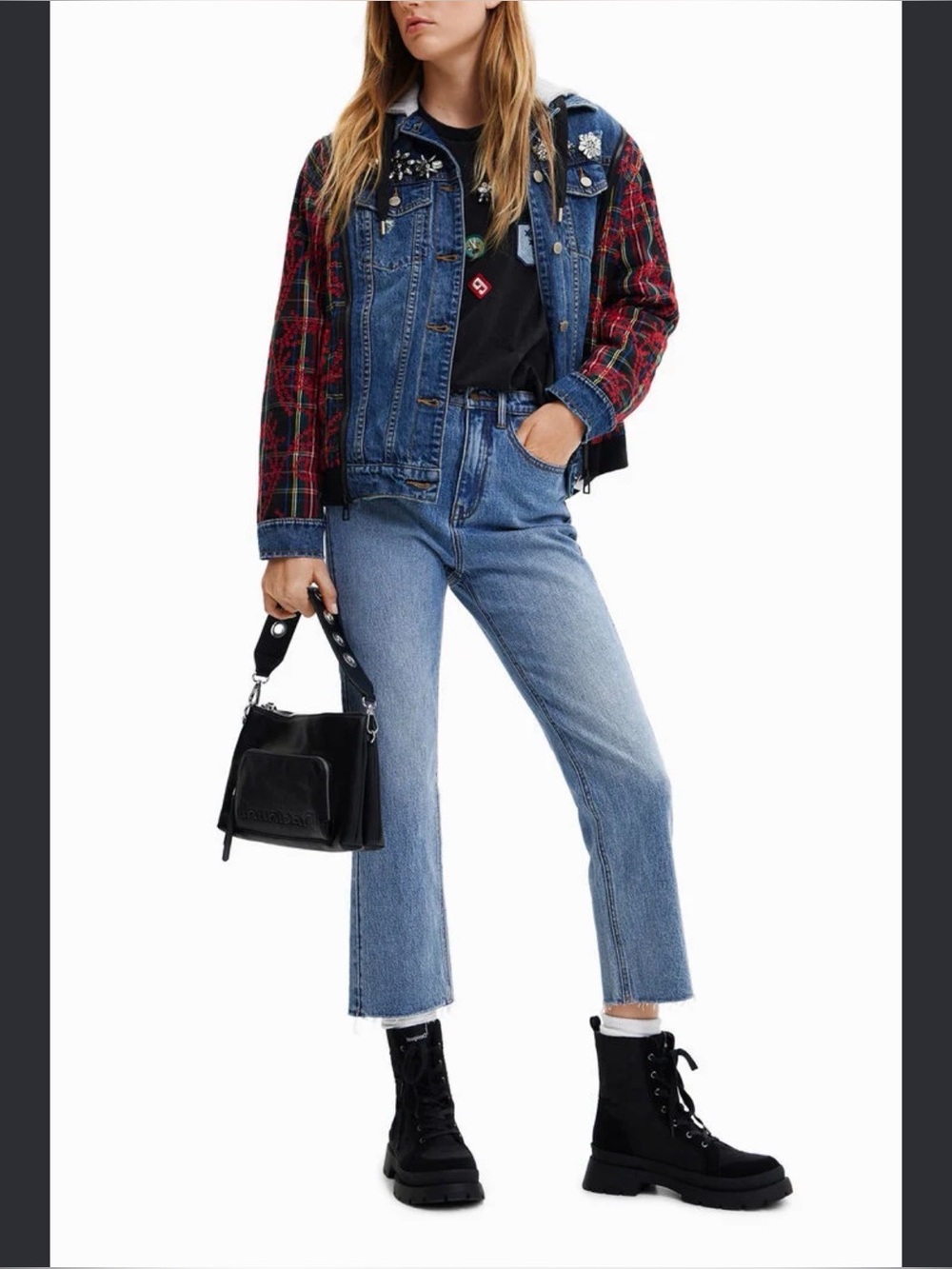 NWT Desigual Blue Denim Jacket/Vest with Red Plaid Sleeves and Gray Hood - Picture 2 of 7